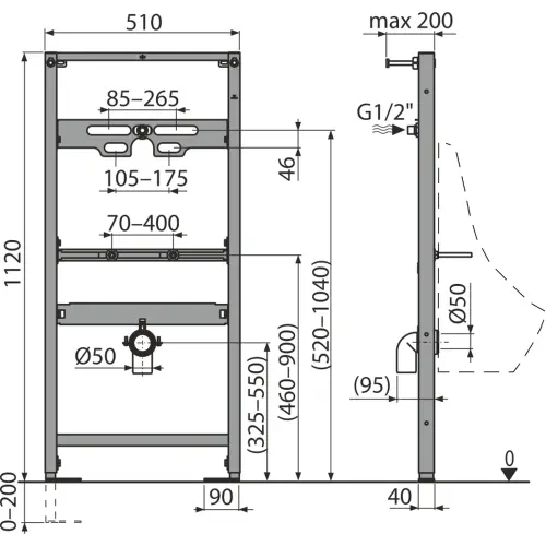 Alca ugradni element za Pisoar A107/1120 - tehnički crtež