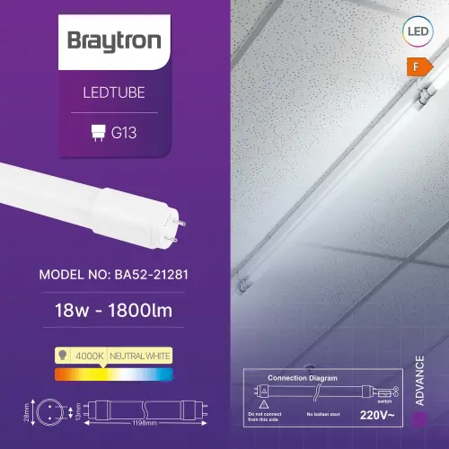 Braytron LED Cev T8 18W 120CM Jednostrana 4000K BA52-21281