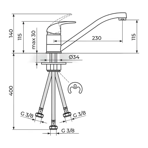Rosan Perla za sudoperu - 3 cevi JP381003 - tehnički crtež