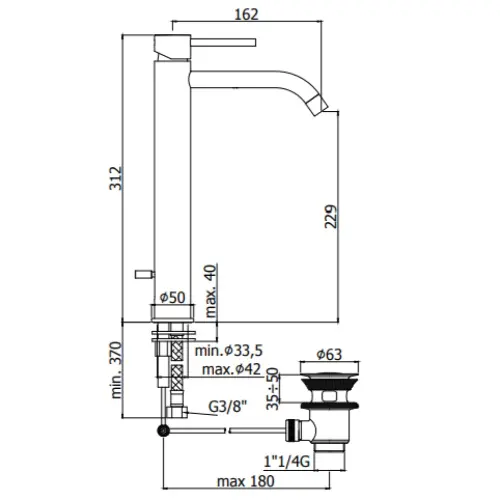 Paffoni Light baterija za lavabo Visoka Crna LIG085NO - tehnički crtež