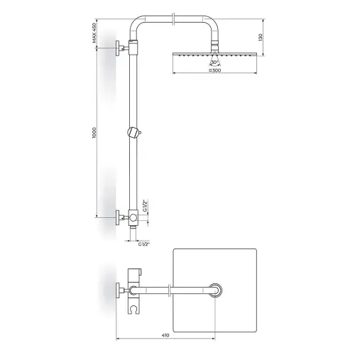 Rosan Konzola tuša Stolz tuš ruža Inox 300x300mm PUTK13 - tehnički crtež