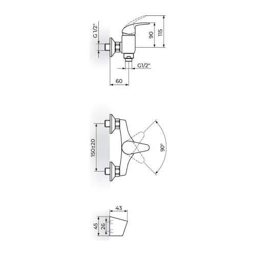Rosan Perla za tuš kadu sa ruč t JP371001 - tehnički crtež