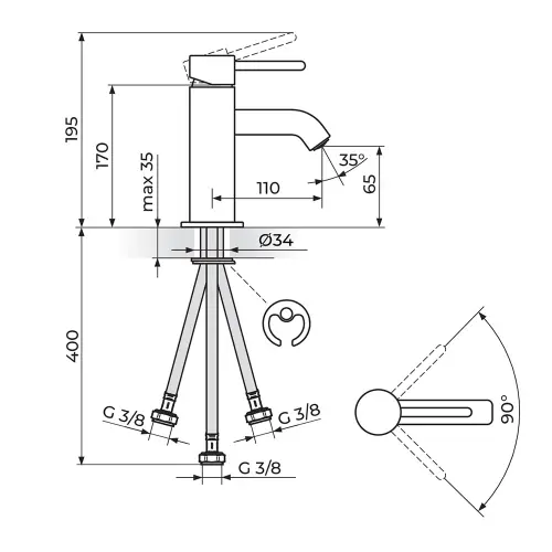 Rosan Zerro za lavabo 3 cevi JZ30103 - tehnički crtež