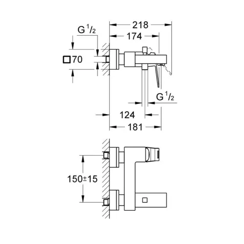 Grohe Eurocube za kadu 23140000 - tehnički crtež