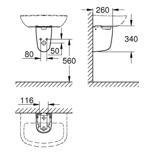 Grohe Bau Ceramic polustub 39426000 - tehnički crtež