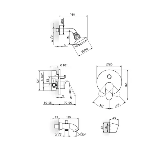 Rosan Smart uzidna baterija za tuš kadu JA3170011 - tehnički crtež