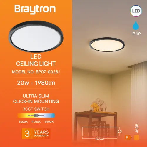 Braytron LED Plafonjera Okrugli 20W Crni CCT BP07-00281