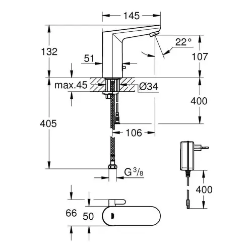 Grohe Eurosmart COSMO E senzorska za Umivaonik - tehnički crtež