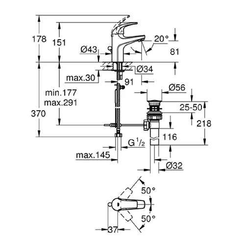 Grohe Baucurve za umivaonik 32805000 - tehnički crtež