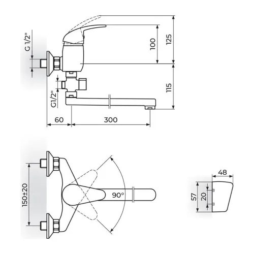 Rosan King za kadu-lavabo švedska J341001 - tehnički crtež