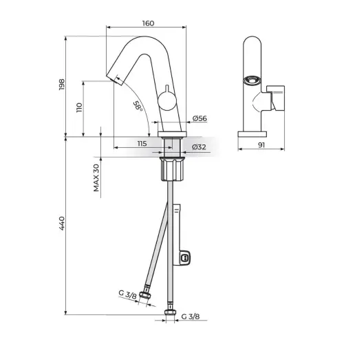 Rosan S3 za lavabo 330101 - tehnički crtež