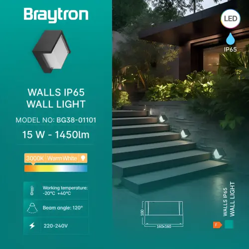 Braytron LED Zidna Svetiljka Kvadratna 15W Crni 3000K IP65 BG38-01101