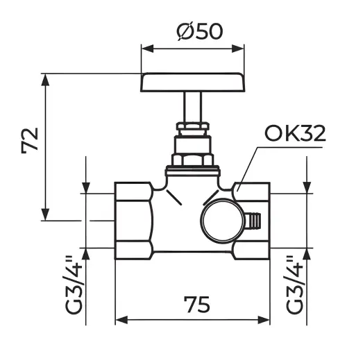 Rosan Propusni ventil sa ispustom 3/4" A13034 - tehnički crtež