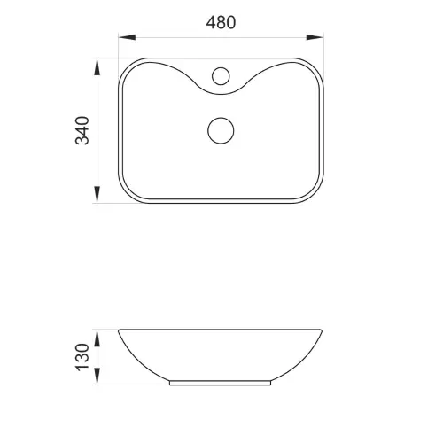 Elegant 480x370/130mm CRNI MAT nadgradni lavabo - tehnički crtež