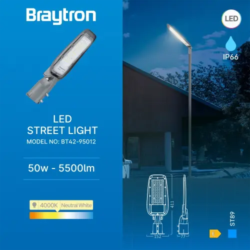 Braytron LED Ulična Svetiljka 50W Siva 4000K IP66 BT42-95012