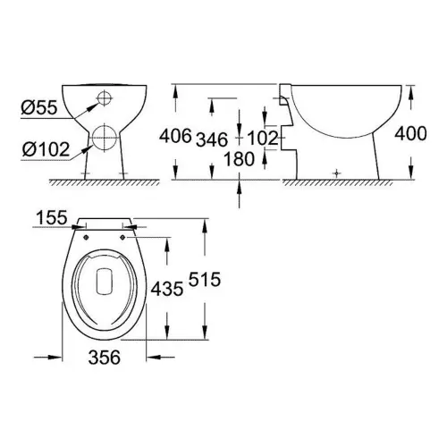 Grohe Bau Ceramic WC šolja Baltik Rimless 39430000 - tehnički crtež