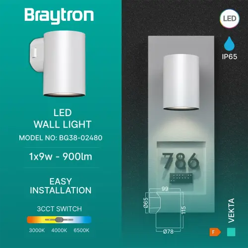 Braytron LED Zidna Svetiljka 1X9W Beli CCT IP65 BG38-02480
