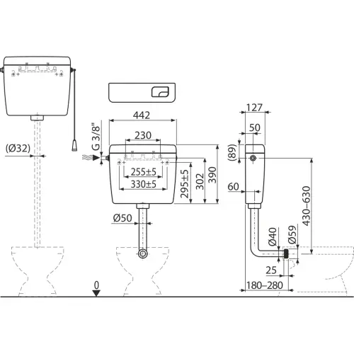 Alca Vodokotlić A930-H-3/8 univerzalni DUAL - tehnički crtež
