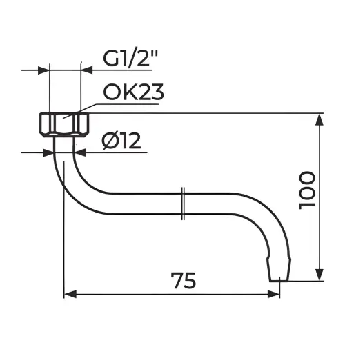 Rosan izliv S 75 - o12 mm - kratki, "PICCOLO" PIS07512 - tehnički crtež