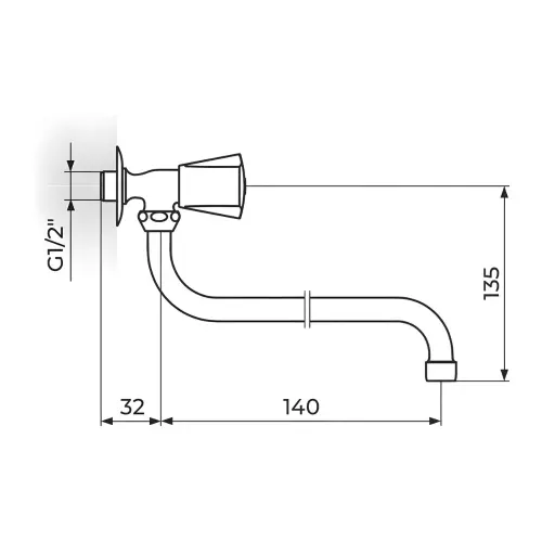 Rosan Keramic Zidni ventil 1/2" g.deo - Donji izliv o18 mm - piccolo AK52S140 - tehnički crtež