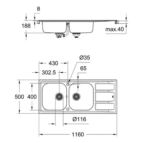 Grohe K400 sudopera 80-S 116/50 2.0 rev 31587SD0 - tehnički crtež