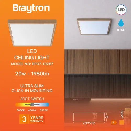 Braytron LED Plafonjera Kvadratni 20W Drvo CCT BP07-10287