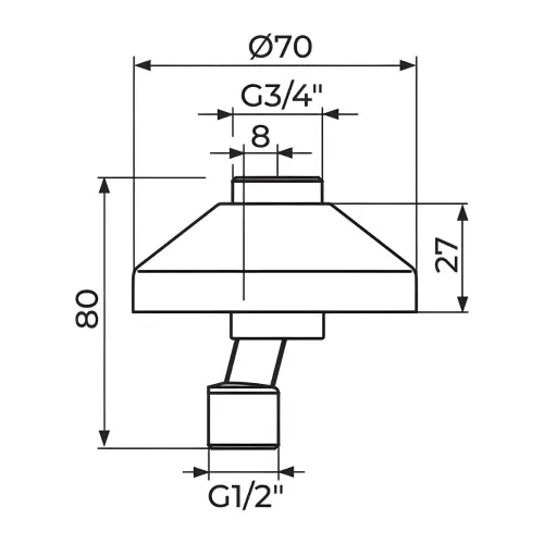 Rosan Ekscentar koleno 1/2"x3/4", L. 80 mm sa kliznom rozetom PEX80 - tehnički crtež