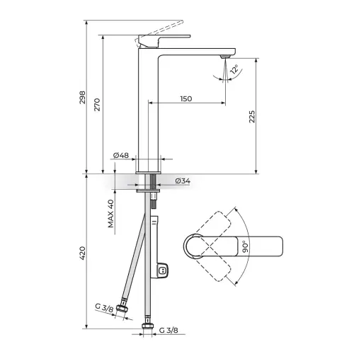 Rosan S2 Black za lavabo L 230109B - tehnički crtež