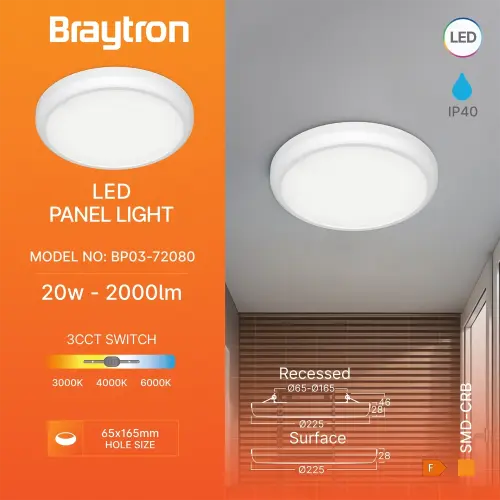 Braytron LED Panel Nadgradni Okrugli 20W Beli CCT BP03-72080