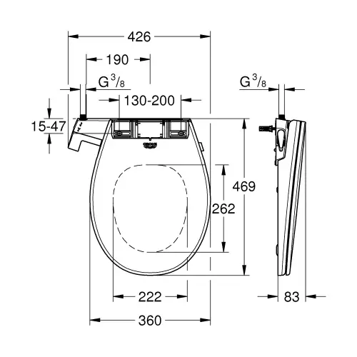 Grohe Bau Ceramic WC daska sa funkcijom bidea, Soft close 39648SH0 - tehnički crtež