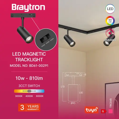 Braytron Magnetni Spot Reflektor 10W Crni CCT 48VDC Dim Tuya BD61-00291
