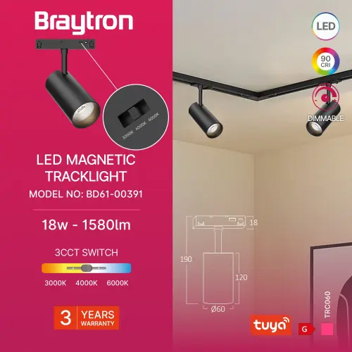 Braytron Magnetni Spot Reflektor 18W Crni CCT 48VDC Dim Tuya BD61-00391
