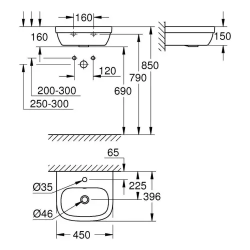 Grohe Euro Ceramic Umivaonik 45 39324000 - tehnički crtež