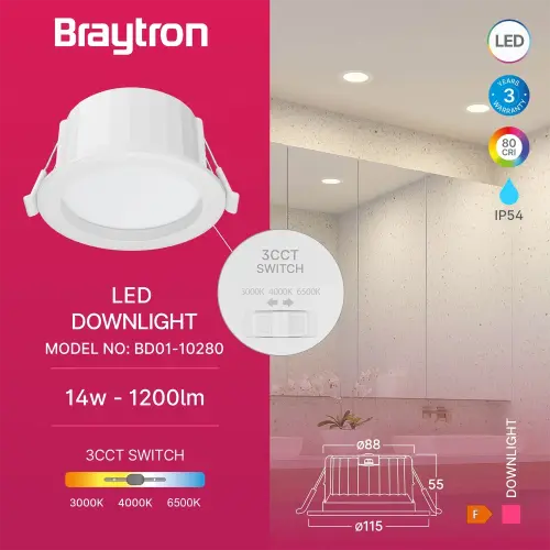 Braytron LED Downlight D120 14W Beli CCT IP54 BD01-10280