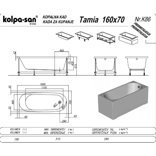 Kolpa OBLOGE S POSTOLJEM - DESTINY 160x70 TAMIA 160x70 571260 - tehnički crtež