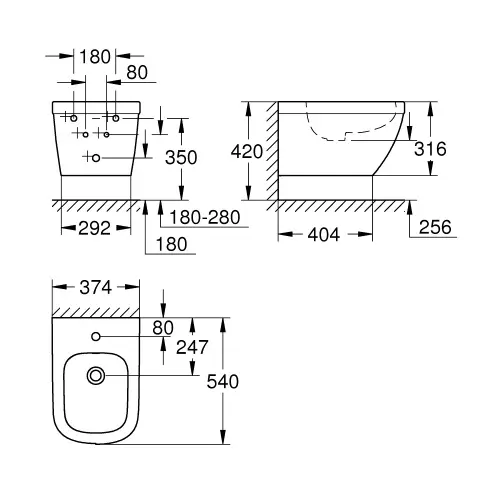 Grohe Euro Ceramic bide konzolni 39208000 - tehnički crtež