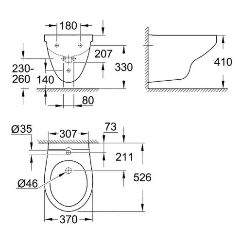 Grohe Bau Ceramic bide konzolni 39433000 - tehnički crtež