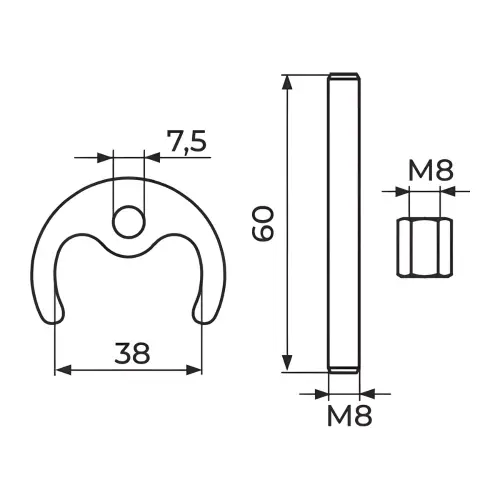 Rosan Set za pričvršćenje sa M8 x 70mm vijkom za stoj.baterije PSET01 - tehnički crtež