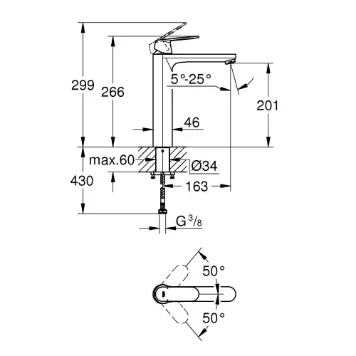 Grohe Eurosmart Cosmopolitan za lavabo XL size 23921000 - tehnički crtež