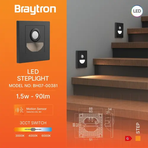 Braytron LED Stepenišna Svetiljka sa Senzorom 1.5W Crna CCT BH07-00381