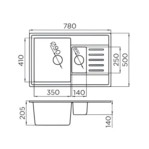 Metalac X Granit Quadro PLUS 1.5D 780x500 fi 90 sa sifonom Crna 158549 - tehnički crtež