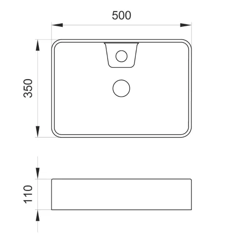 Elegant 500x350/110mm CRNI MAT nadgradni lavabo - tehnički crtež
