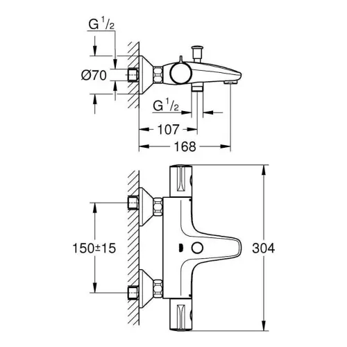 Grohe Grohtherm 800 termostatska za kadu 34567000 - tehnički crtež