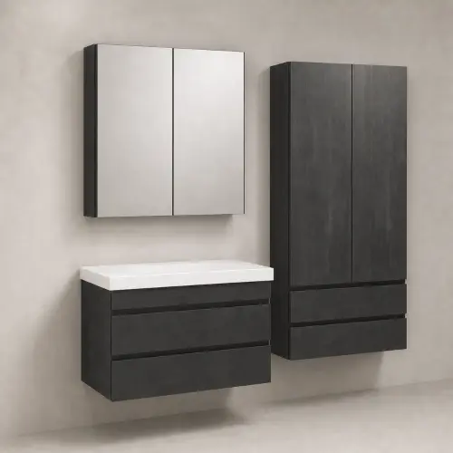 Kolpa San Naomi Set Delux 80cm Crna (Ormarić sa umivaonikom + Ogledalo/ormarić + Visoki ormarić)