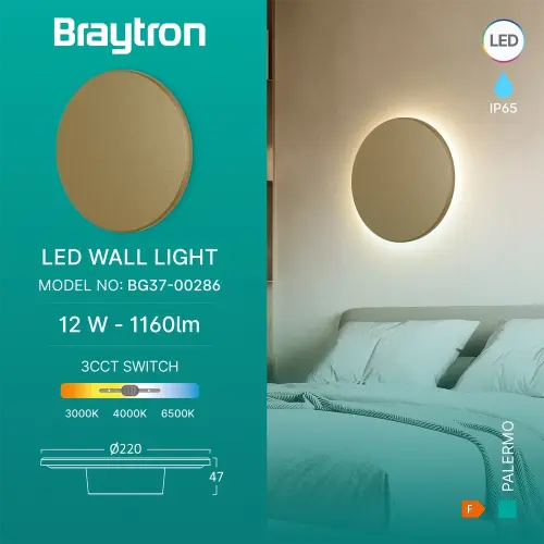 Braytron LED Zidna Svetiljka Okrugla 12W Zlatni CCT IP65 BG37-00286
