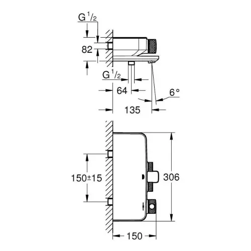 Grohe Grohtherm Smartcontrol termostatska baterija za kadu 34718000 - tehnički crtež