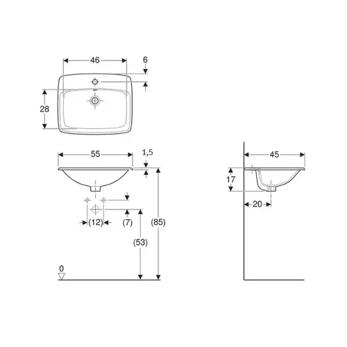 Geberit Selnova Square 55 ugradni lavabo 501.466.00.7 - tehnički crtež