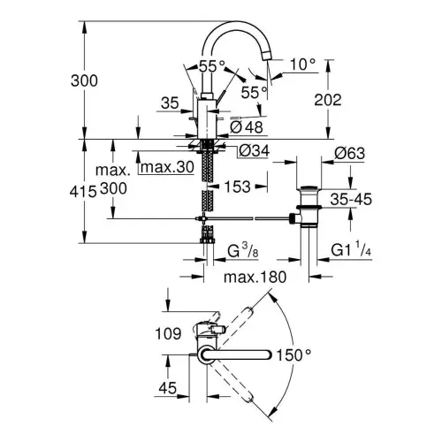 Grohe Eurosmart Cosmopolitan za lavabo lula 32830001 - tehnički crtež