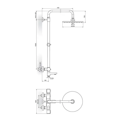 Rosan Stolz Thermo Usponski tuš 1T37351 - tehnički crtež