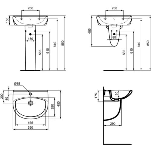 Ideal Standard Alpha umivaonik 55x45 R033901 - tehnički crtež